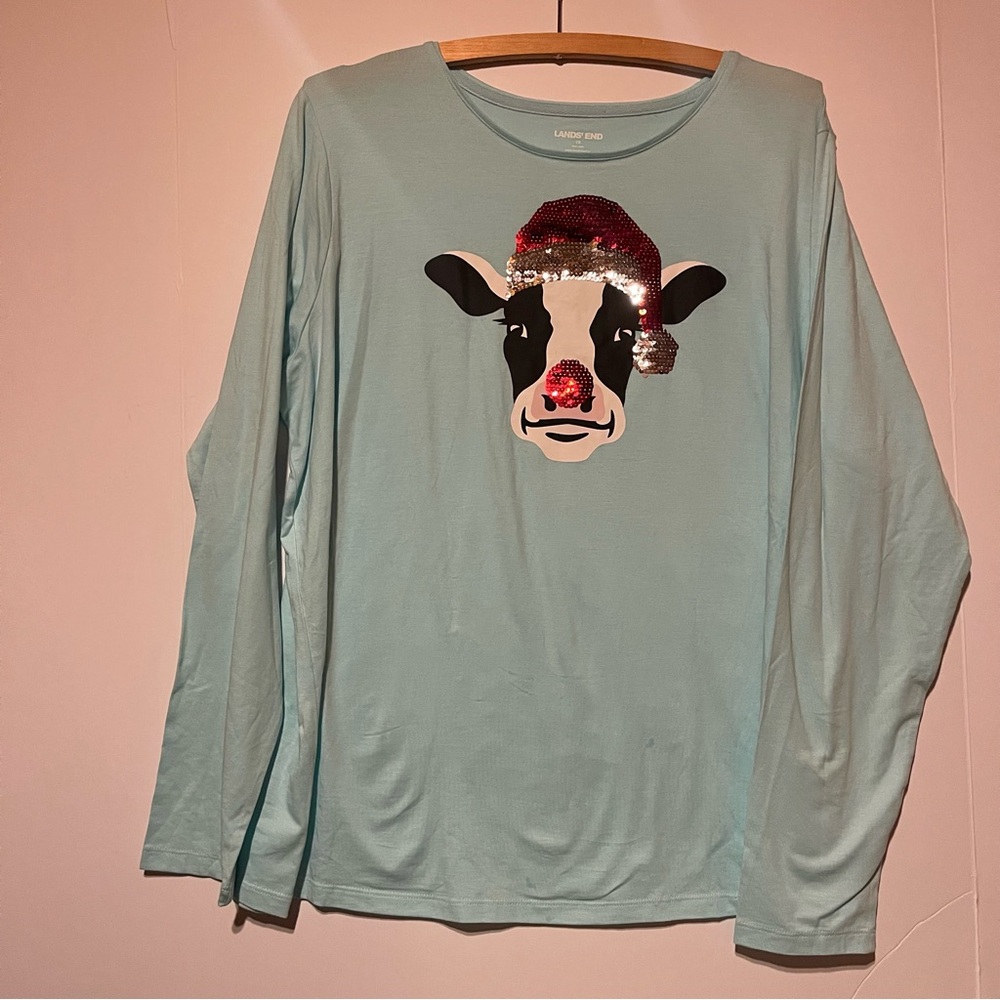 Land’s End 1X Christmas Reindeer Cow Shirt Blue Long Sleeve Soft Cotton Sequins